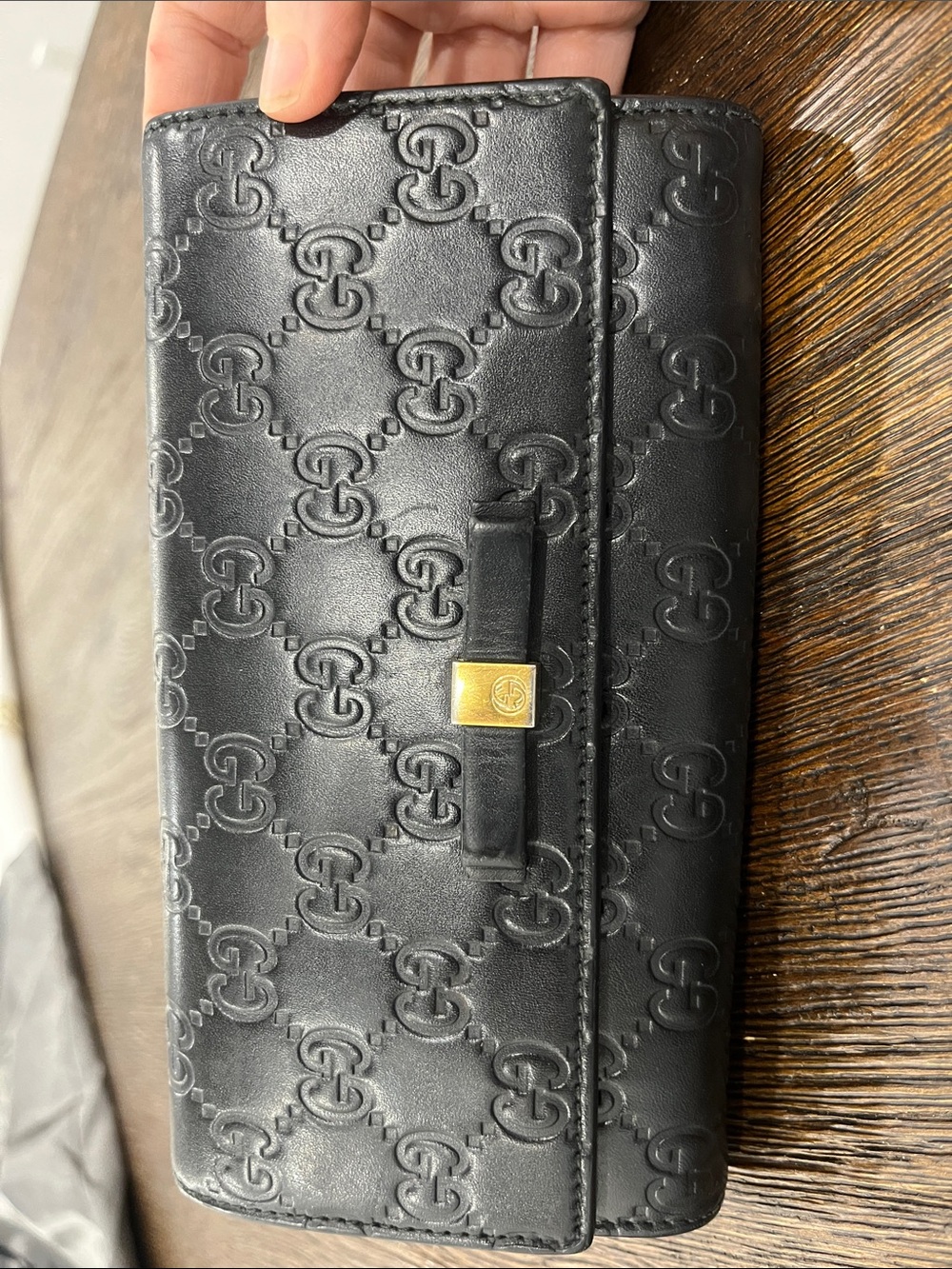Gucci Black Embossed GG Bow Continental Wallet with Gold Accent